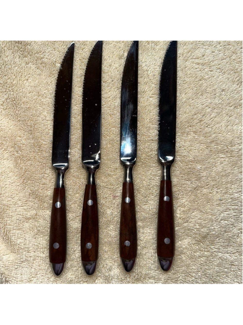 Vintage Danesco Bistro Dinner Knives Stainless Woodgrain Handles Set of 4